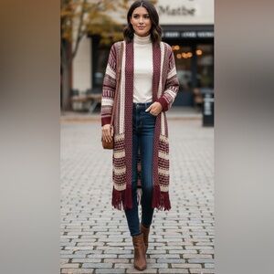 ELLA Moon Boho Duster Knit Cardigan Fringe Maroon Beige Medium